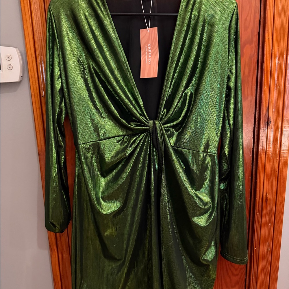 SHEIN Metallic Green V-Neck Dress